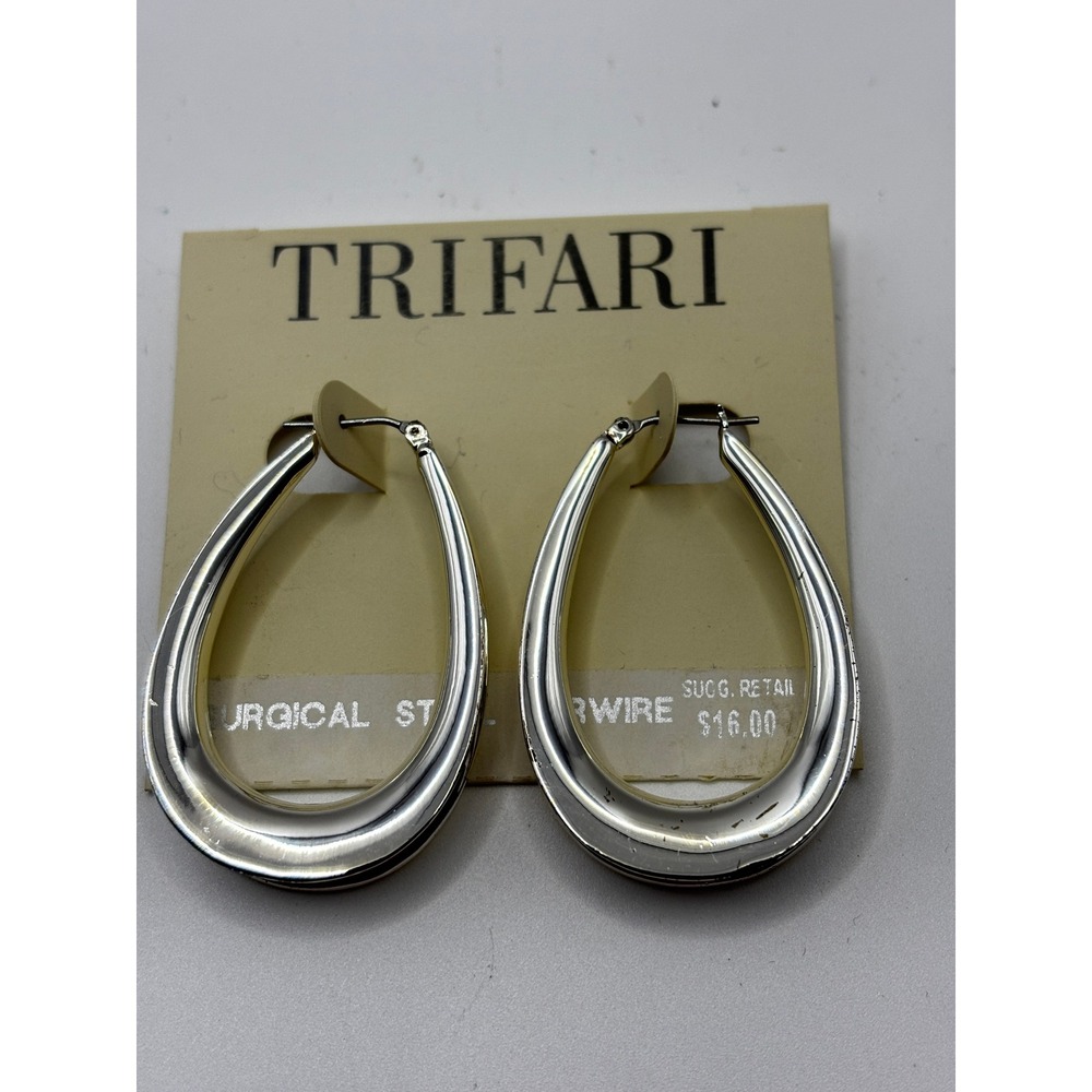Trifari Hoop Earrings Womens OS‎ Silver Teardrop Surgical Steel Earwire New
